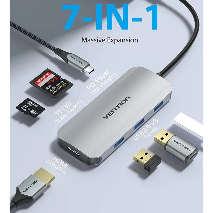 Vention TOJHB Docking USB Tipo-C Gris con 1x HDMI, 3x USB, 1x USB-C y Lector de Tarjetas